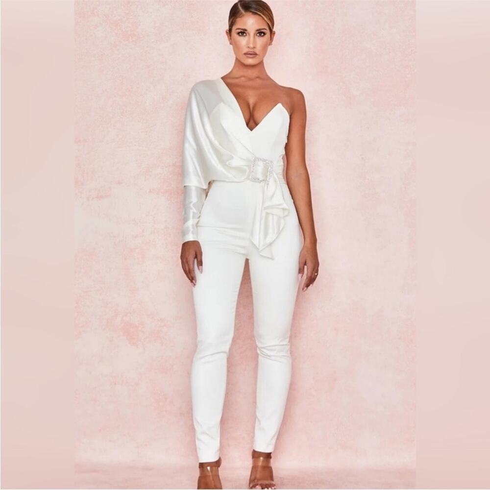 HOUSE OF CB Willow Ivory White Crystal Belted Asymmetrical Drape Satin Jumpsuit
